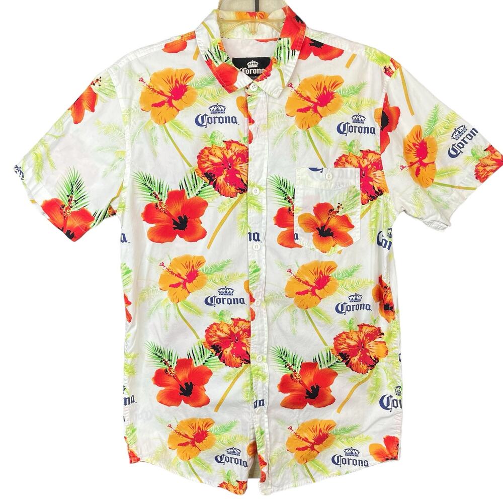 Corona Beer Floral Short Sleeve Button Down Shirt Casual M